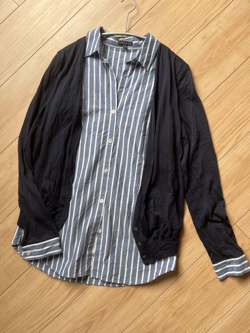 きれいめ　事務服にも　セオリー　theory ブラウス　ストライプ　カーディガン