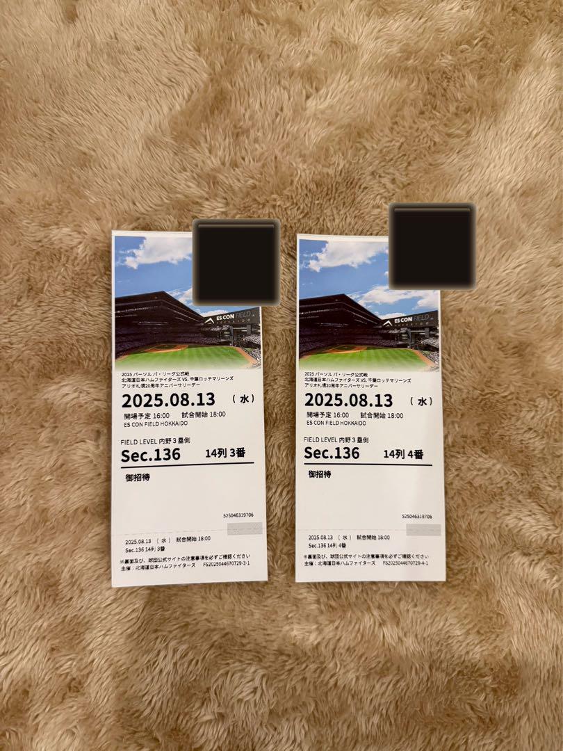 日ハム　VS 千葉ロッテ　2025年8月13日 野球　ペアチケット　エスコン 12,000円