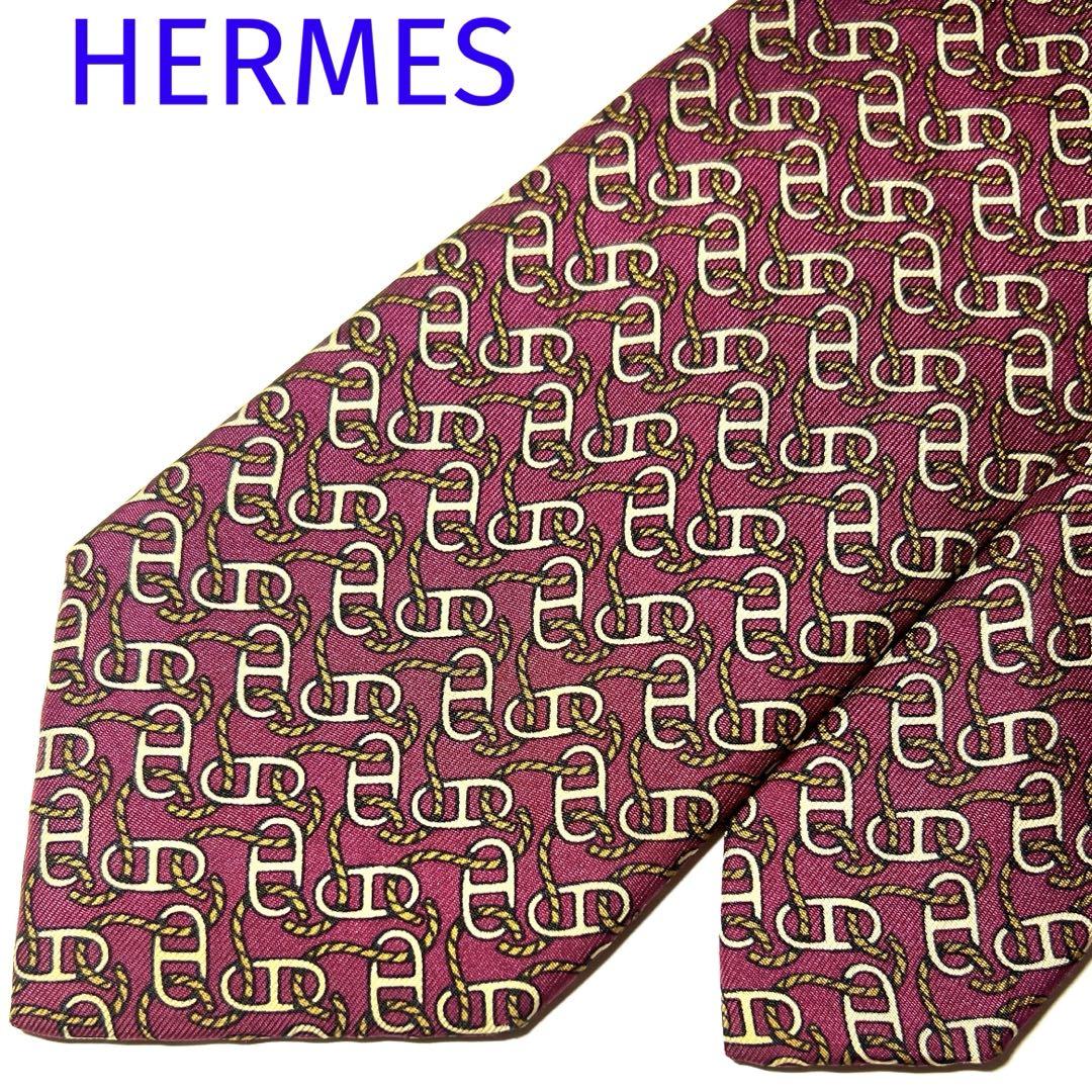 美品✨HERMES エルメス　H柄 シェーヌダンクル　ボルドー　シルク100%