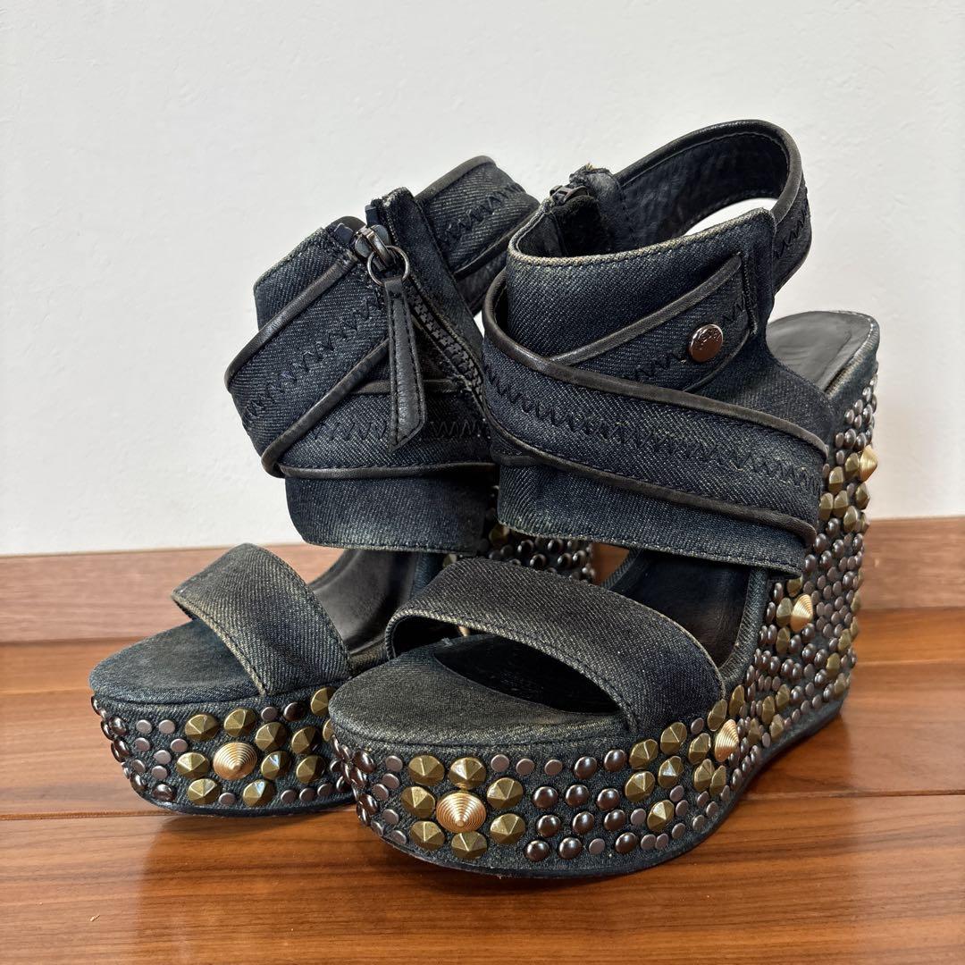 DIESEL★ディーゼル デニム サンダル 美品 DIESEL ディーゼル デニムスタッズウェッジサンダル24