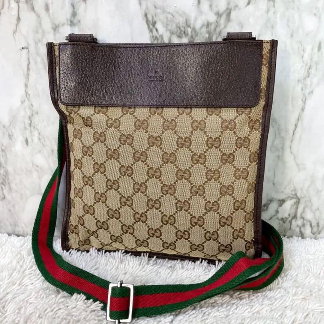GUCCI シェリーライン GG柄 キャンバス×レザー ショルダー バッグ.