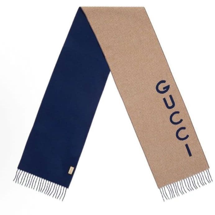 新品 グッチ カシミア ウール マフラー ユニセックス ベージュ ネイビー 両面 新品 グッチ カシミア ウール マフラー ユニセックス ベージュ ネイビー 両面