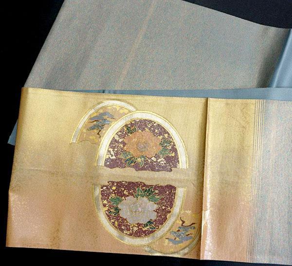 5923□ 螺鈿加工 漆箔 高級袋帯 花木文様 美品