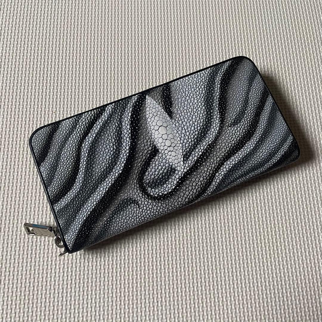 最後1個 スティングレイ ラウンドファスナー ストラップ付き エイ革 白×灰×茶