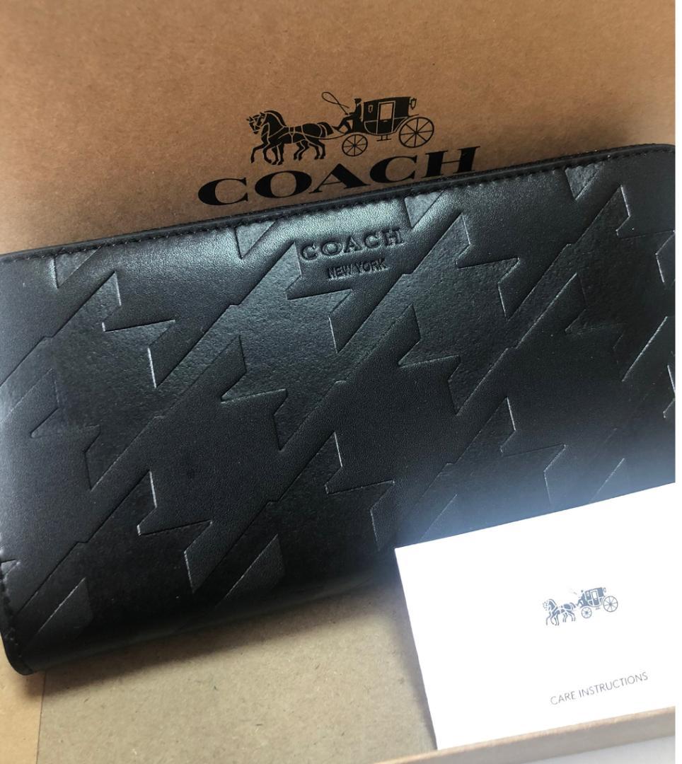【未使用に近】COACH コーチ ハウンドトゥース ラウンドジップ長財布　千鳥柄