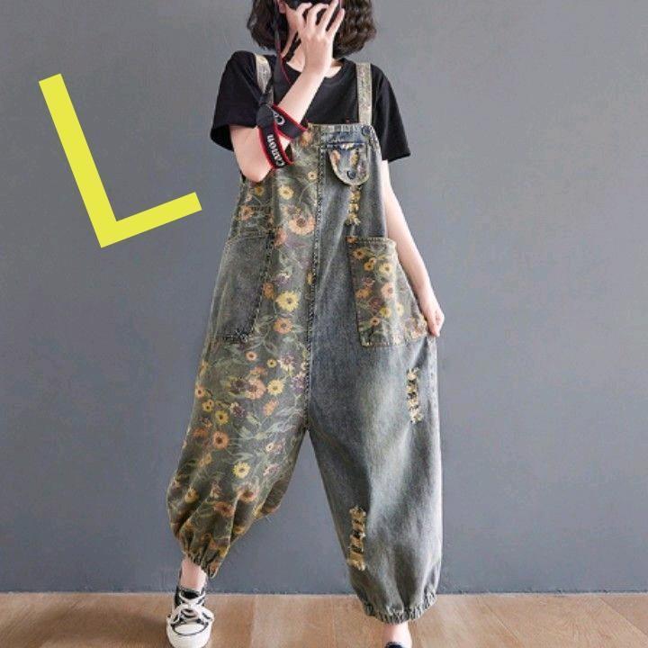 レディース オーバーオール サロペット L レトロ ひまわり 夏 古着風
