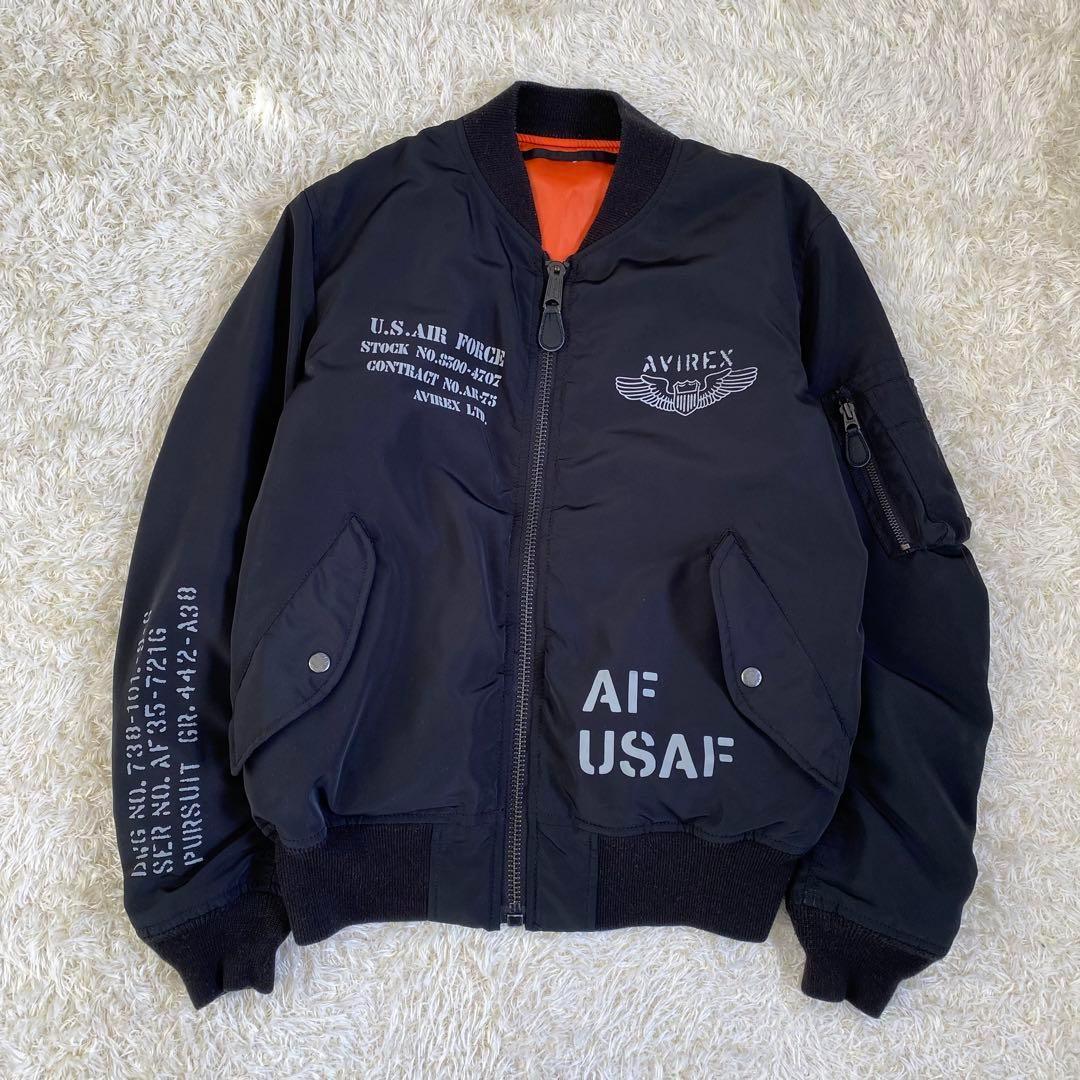 【美品】アヴィレックス　MA-1　フライトジャケット　プリントロゴ　黒　M