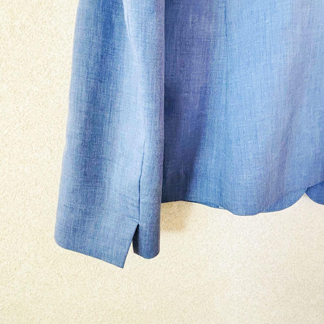 美品｜INDIVI　ノーカラージャケット　麻混　手洗可　Lサイズ　ライトブルー