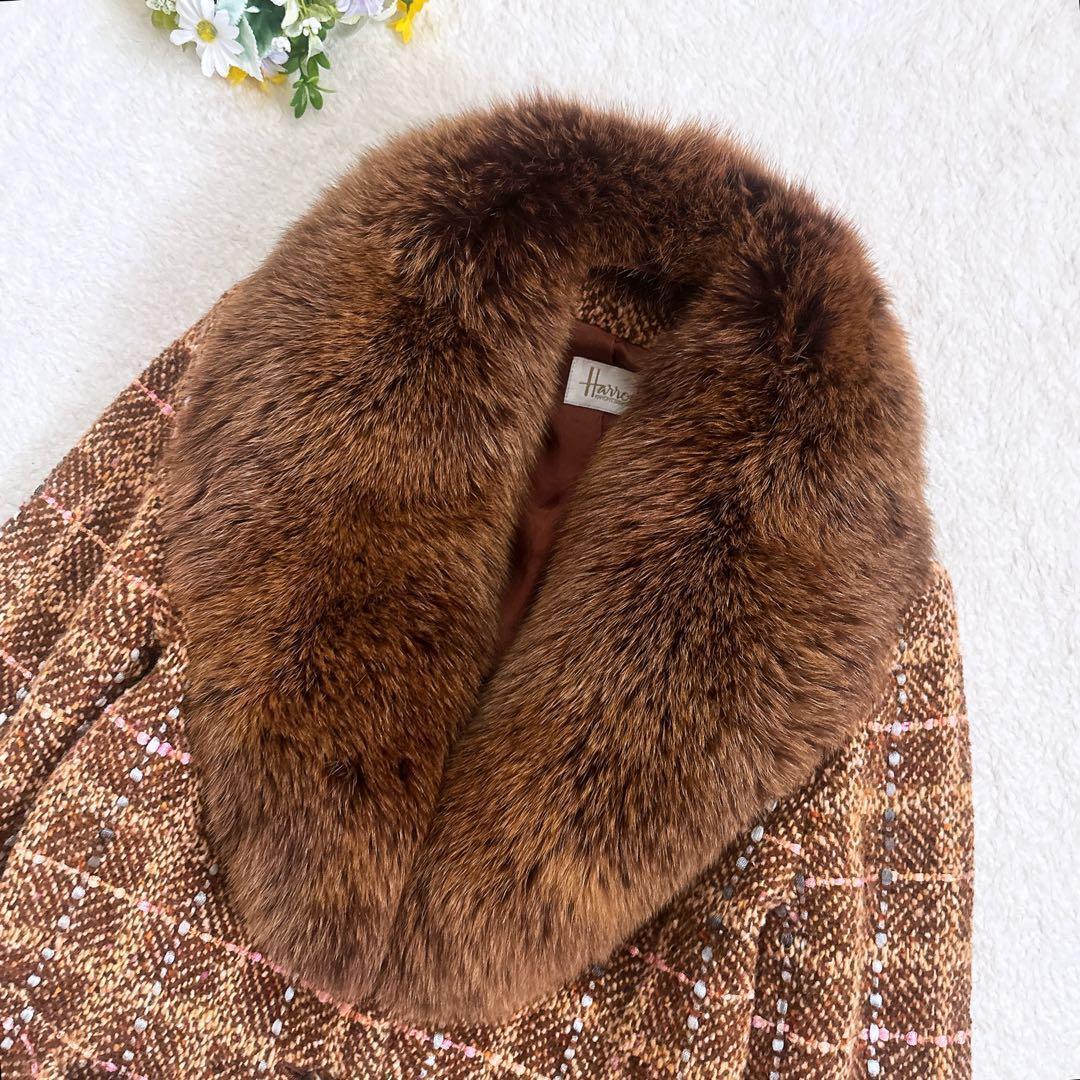 Harrods フォックスファーつき ツイード ジャケット 2way ブラウン系 Harrods フォックスファーつき ツイード ジャケット 2way ブラウン系