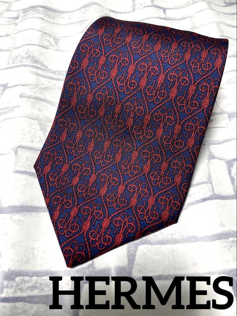 エルメス HERMES 総柄 9cm レッド×ネイビー シルク ネクタイ 赤