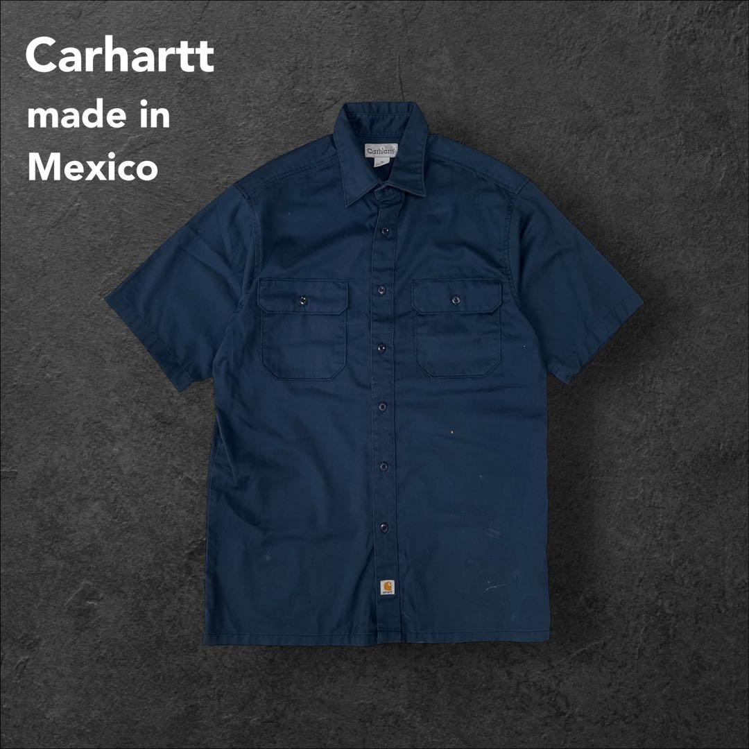 カーハート メキシコ製 古着 ワークシャツ ネイビー M ペンキ汚れ