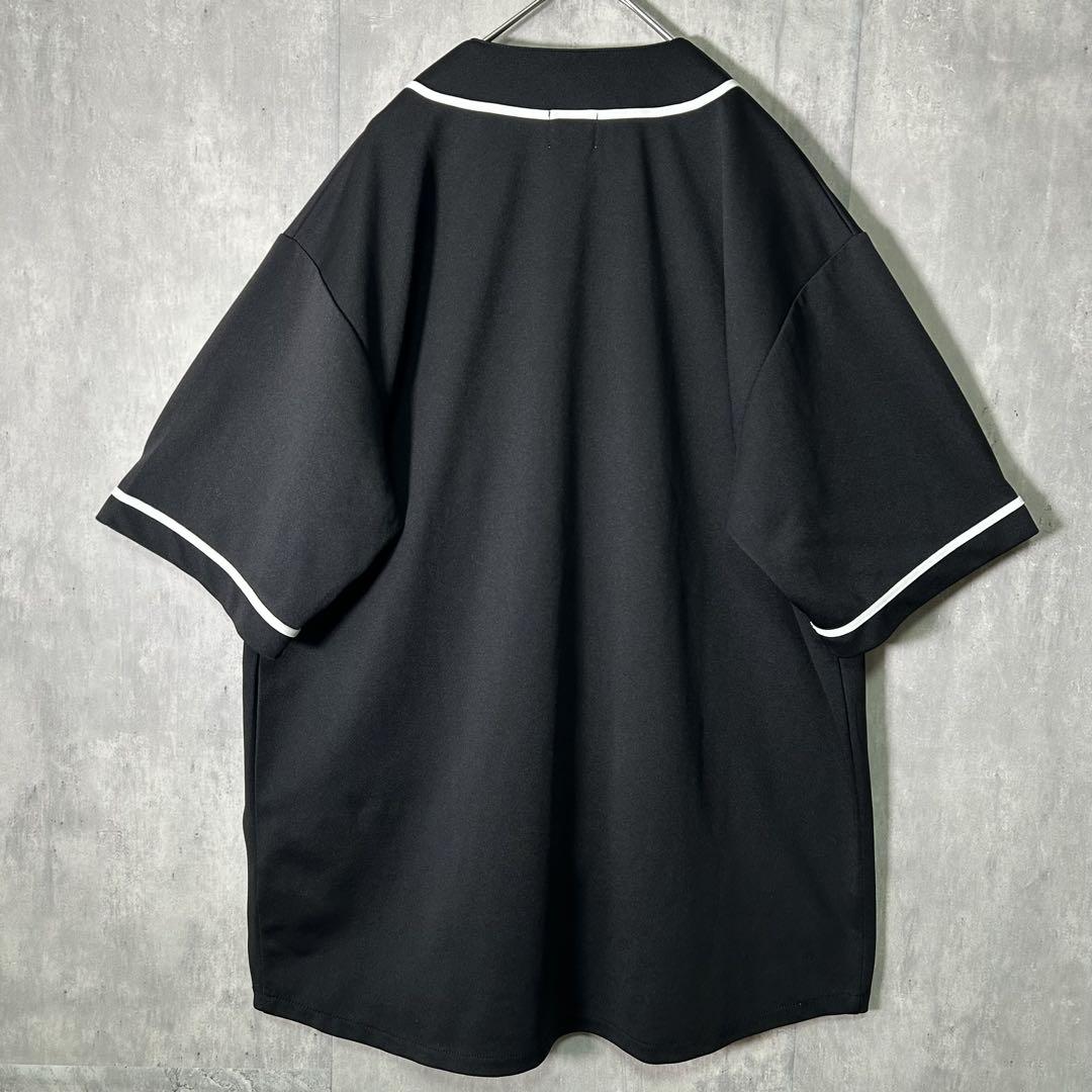 EXMAPLE メッシュ ベースボールシャツ 刺繍ロゴ 黒