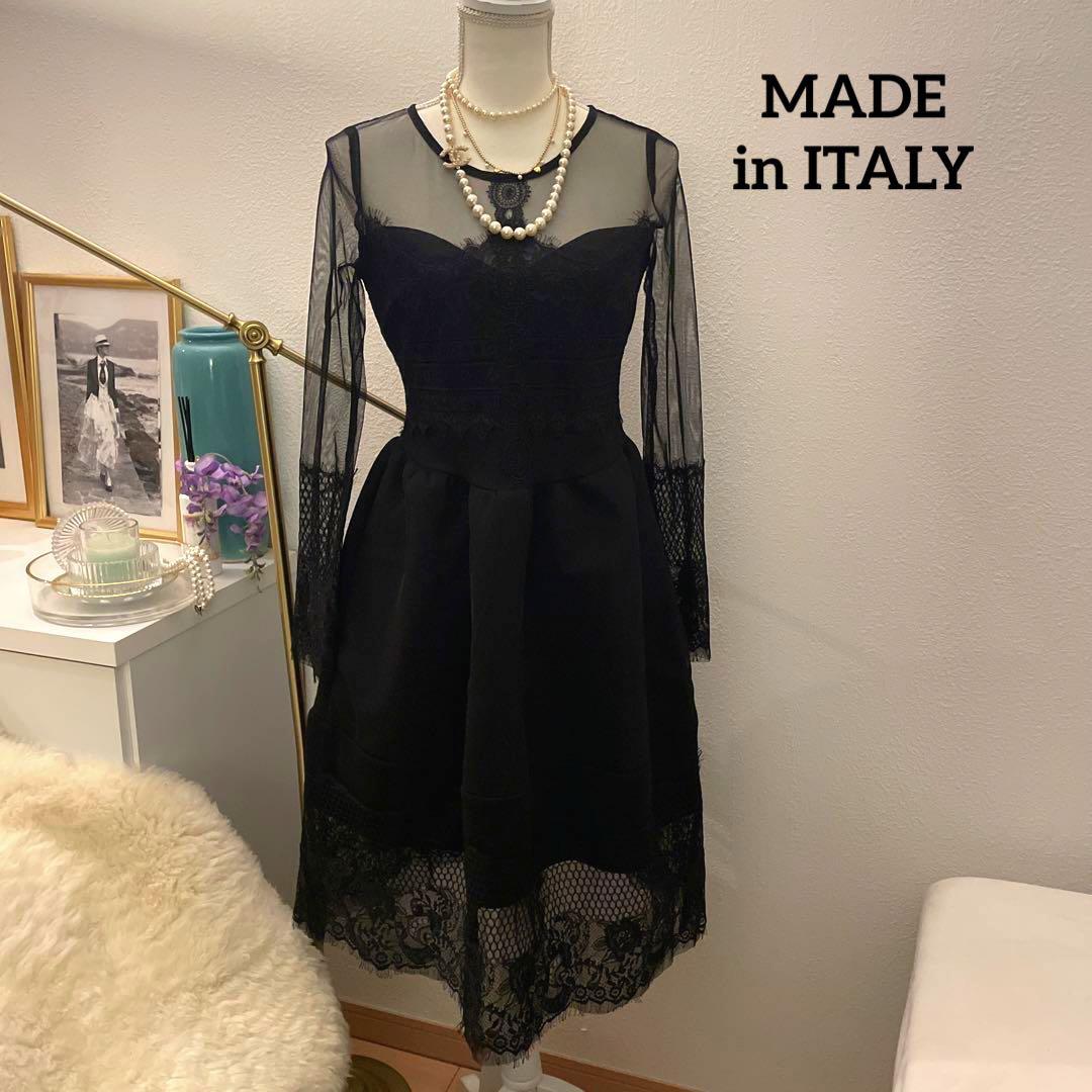 【4万円】ITALY製　ブラック　レースデザインワンピース