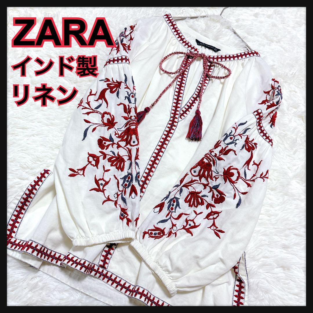人気　ザラ　ZARA 刺繍　ブラウス　エンブロイダリー　インド製　リネン　麻