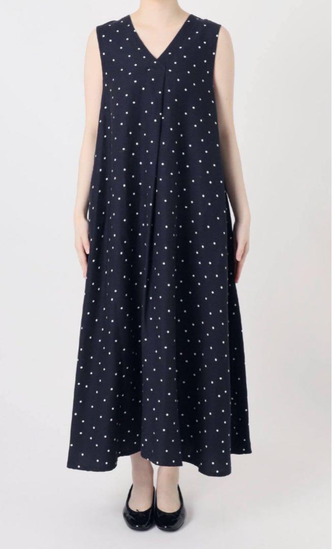 B.C STOCK手洗い可　リネンレーヨンスリーブレスワンピース　ネイビー　M