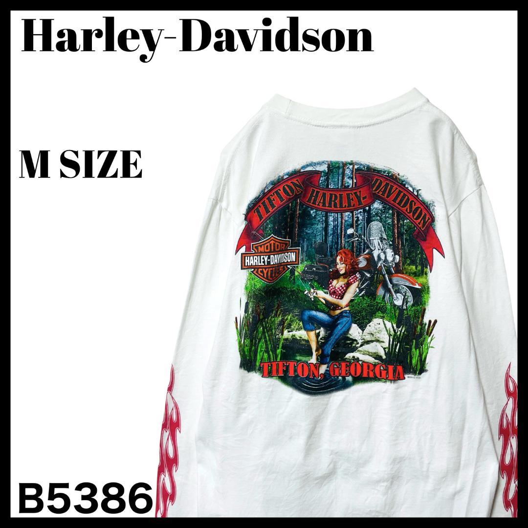 古着 ハーレーダビッドソン 長袖Tシャツ ロンT アームプリント 炎 女性 M