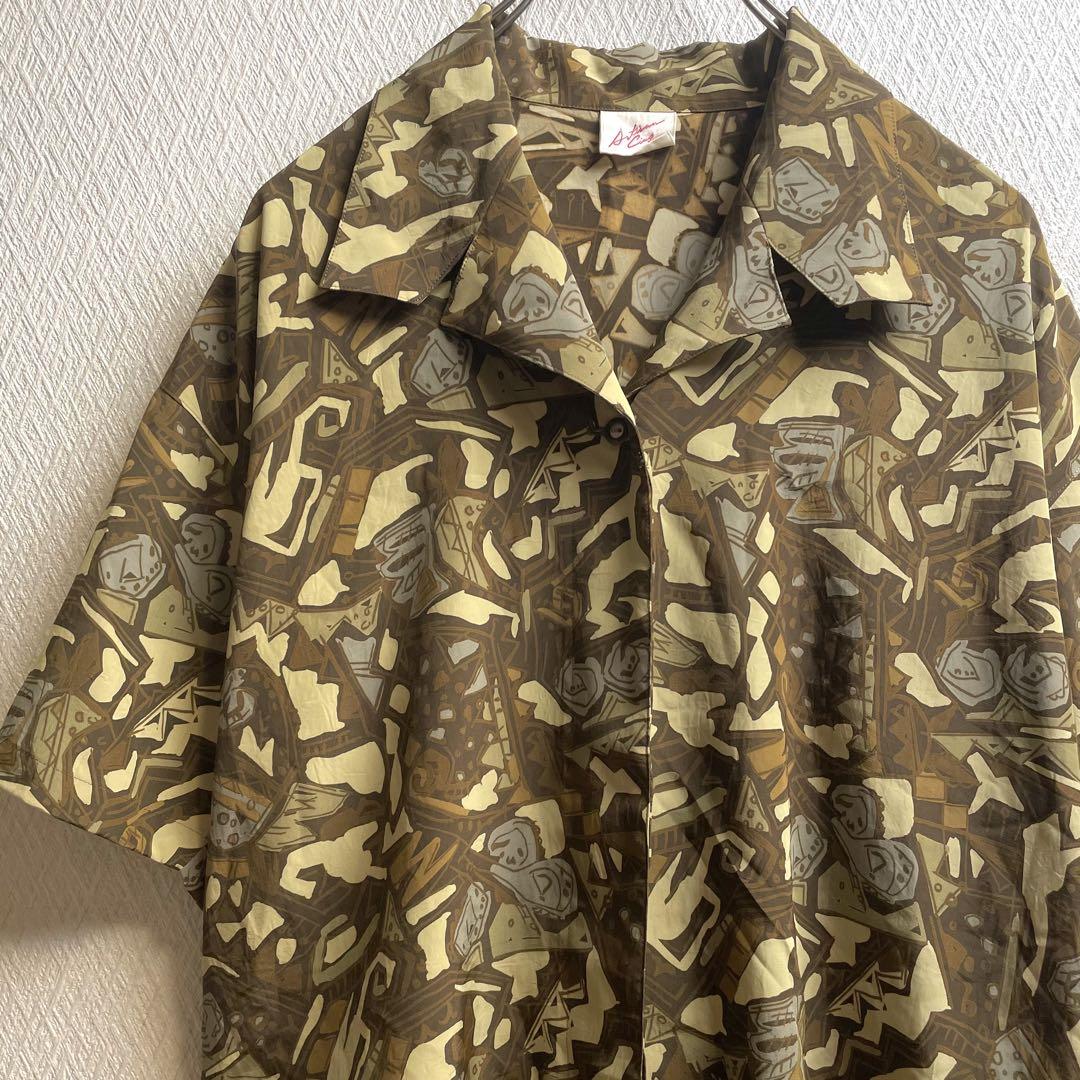 古着 レトロ シャツ 総柄 柄シャツ 開襟 オープンカラー 半袖