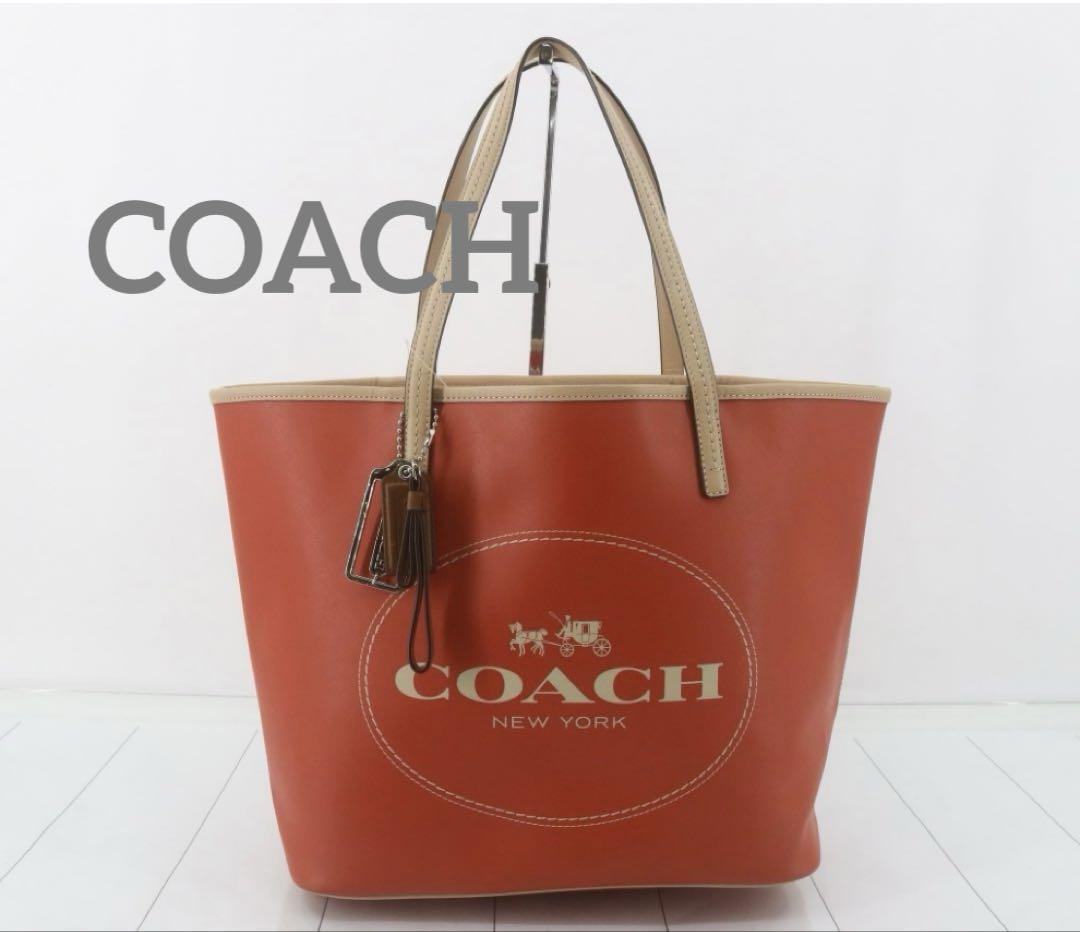 【美品】COACH（コーチ） オレンジ ロゴ入りトートバッグ　肩掛け