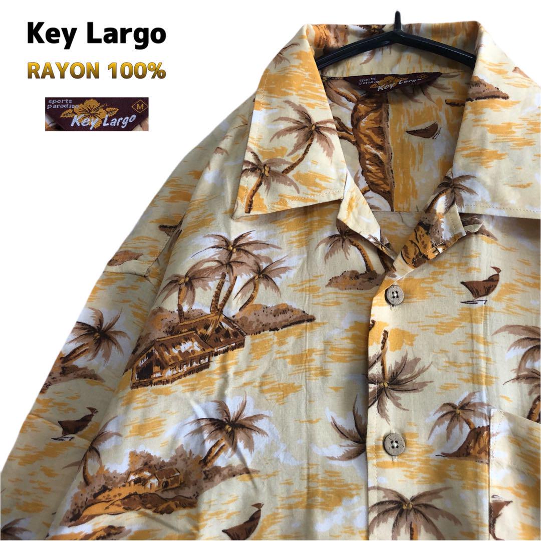 【レーヨン100%】Key Largo総柄アロハシャツ椰子の木ウッドボタン一点物