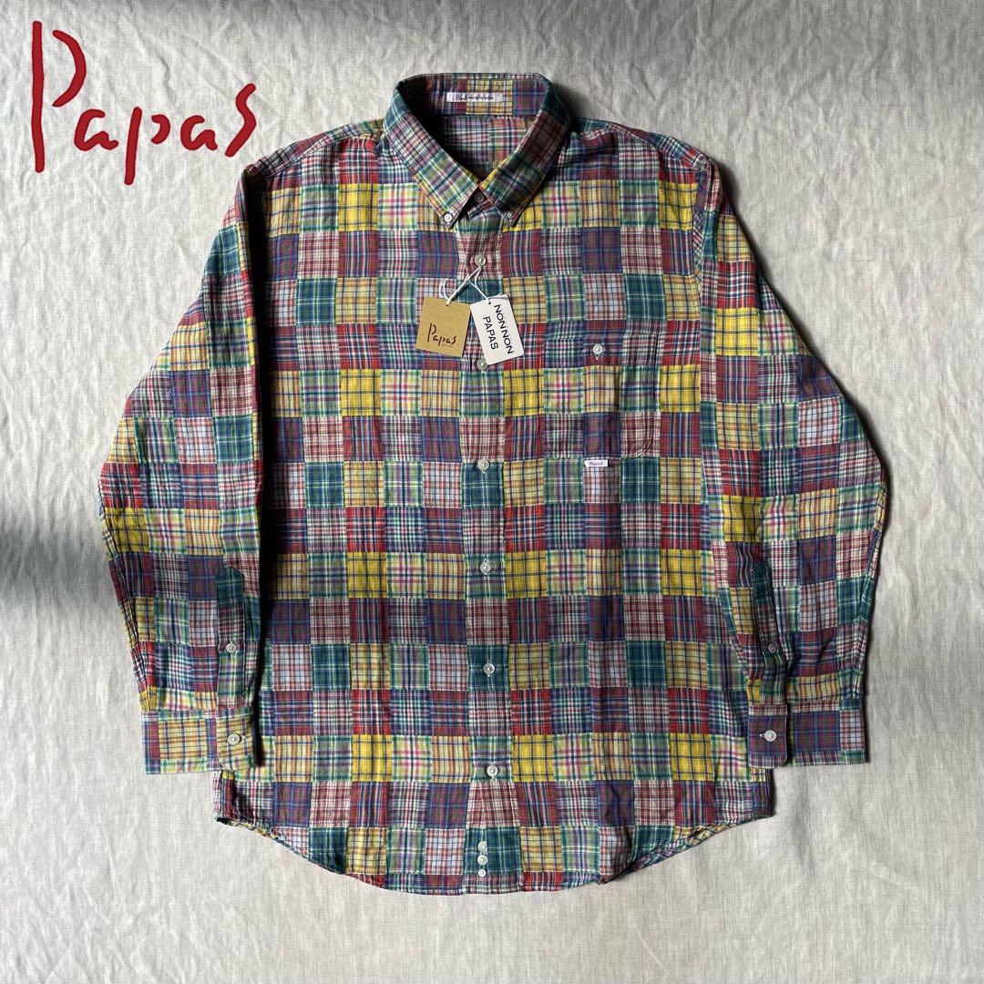 【未使用品】Papas パパス パッチワーク チェック 長袖シャツ L
