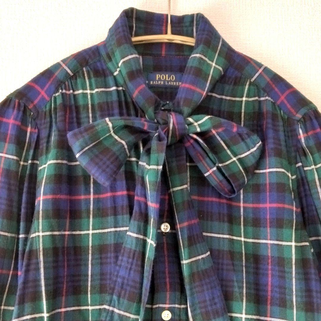 美品 ポロラルフローレン ボウタイブラウス ポニー刺繍 グリーンチェック ネル 極美品✨希少 ポロラルフローレン ボウタイデニムブラウス シャツ