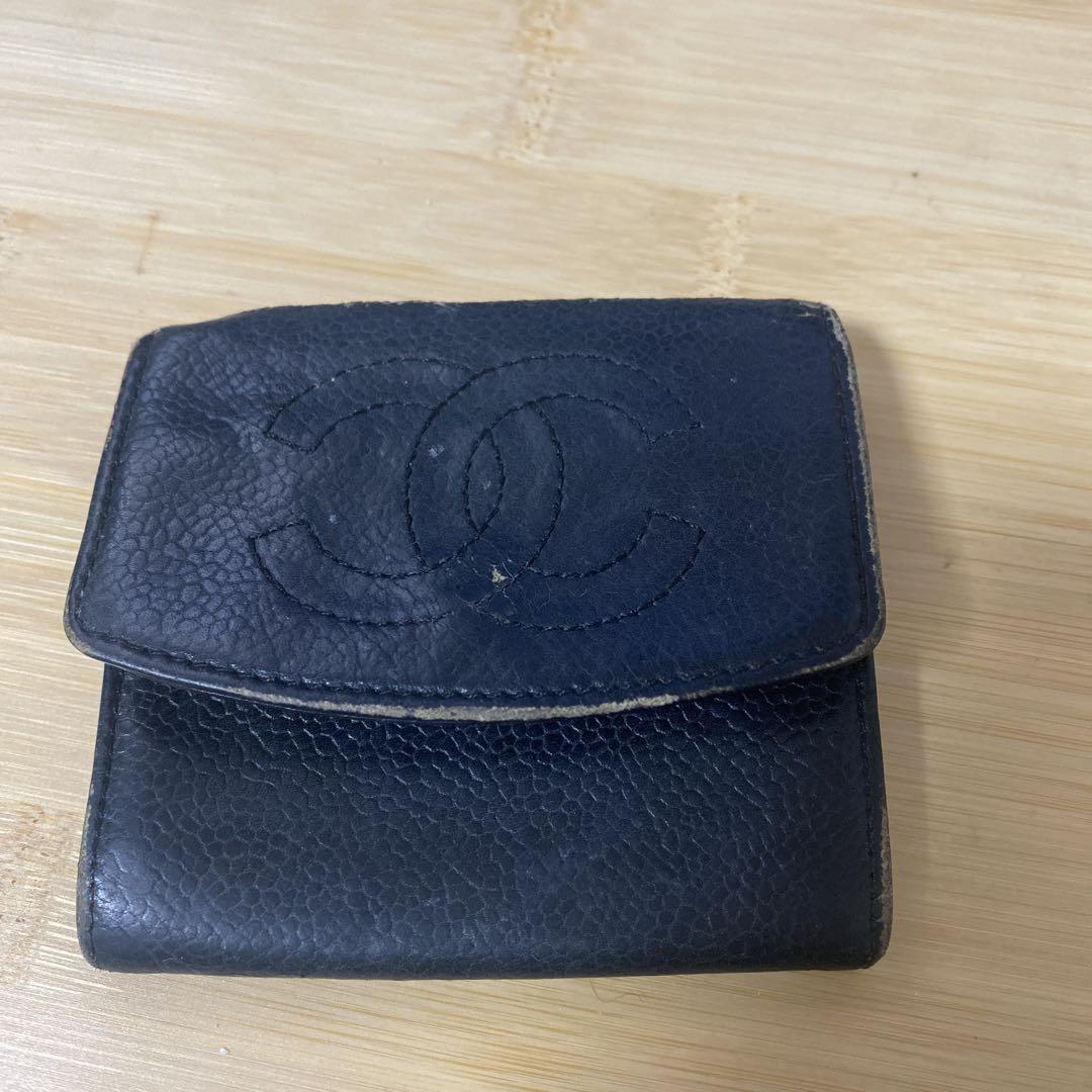 ジャンク品 CHANELココマーク　キャビアスキンコインケース小銭入れブラック