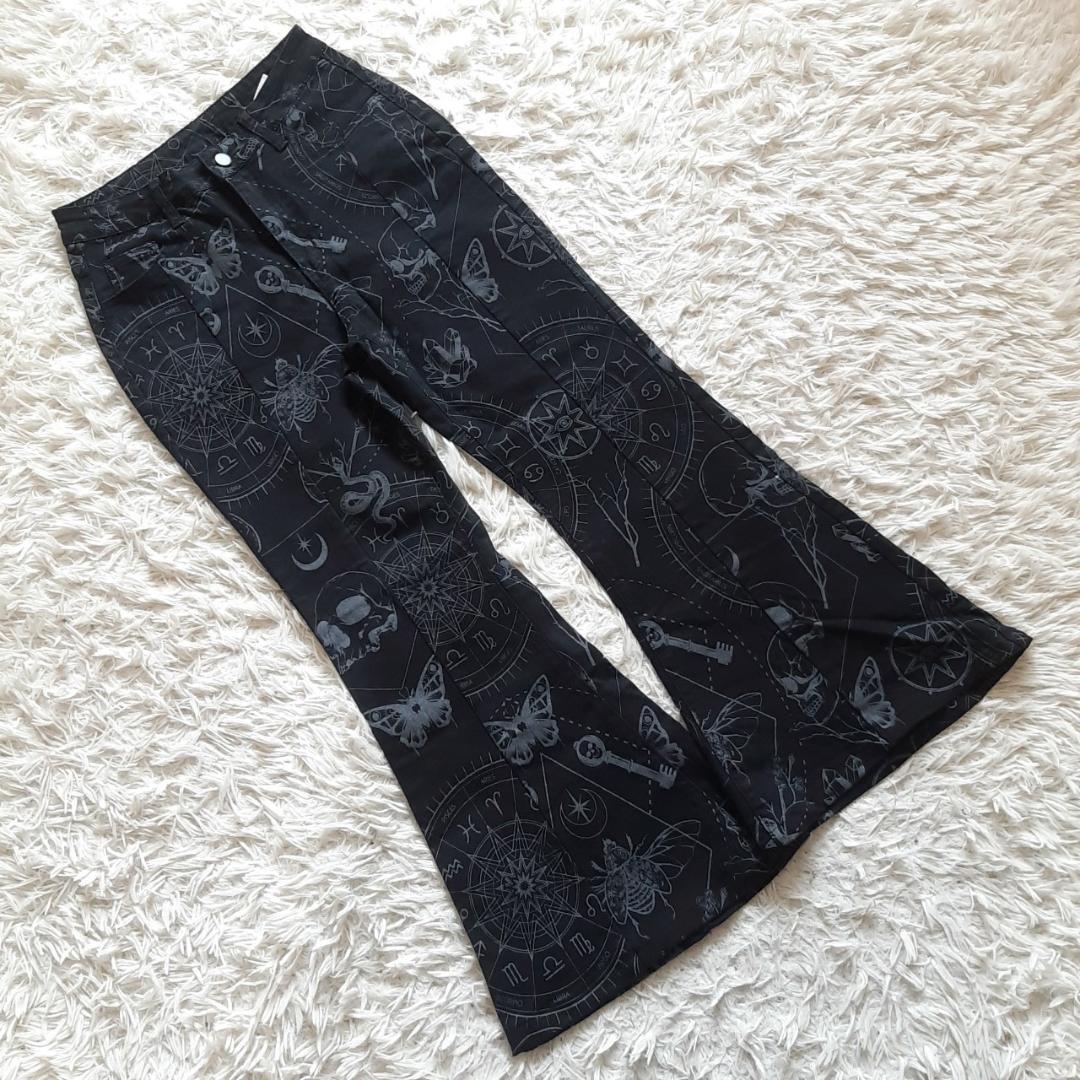 『ROMWE』 (EUR:38) ベルボトムパンツ オシャレ スカル バタフライ