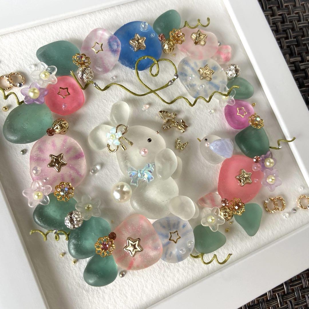 ♡シーグラスアート 1番おちつける場所 鮮やか爽やか朝顔リース うさぎさん♡