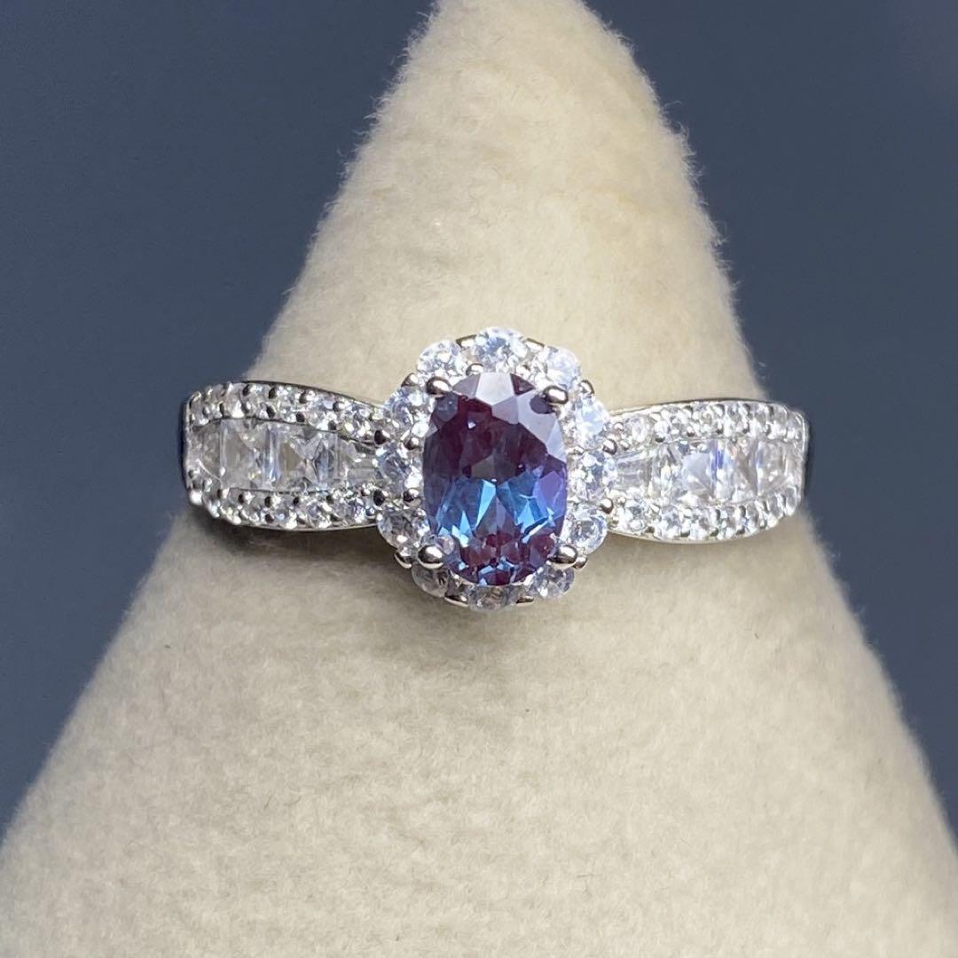 大人女性の 天然石リングアレキサンドライト 緑 紫 6*4mm SV925刻印 アクセサリー
