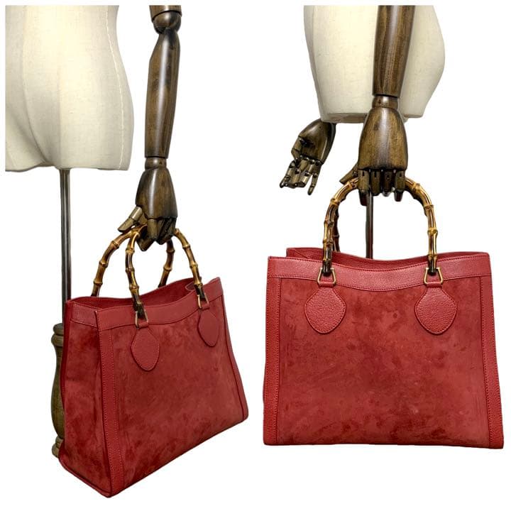美品 GUCCI オールドグッチ バンブー ハンドバッグ スエード レザー 赤-