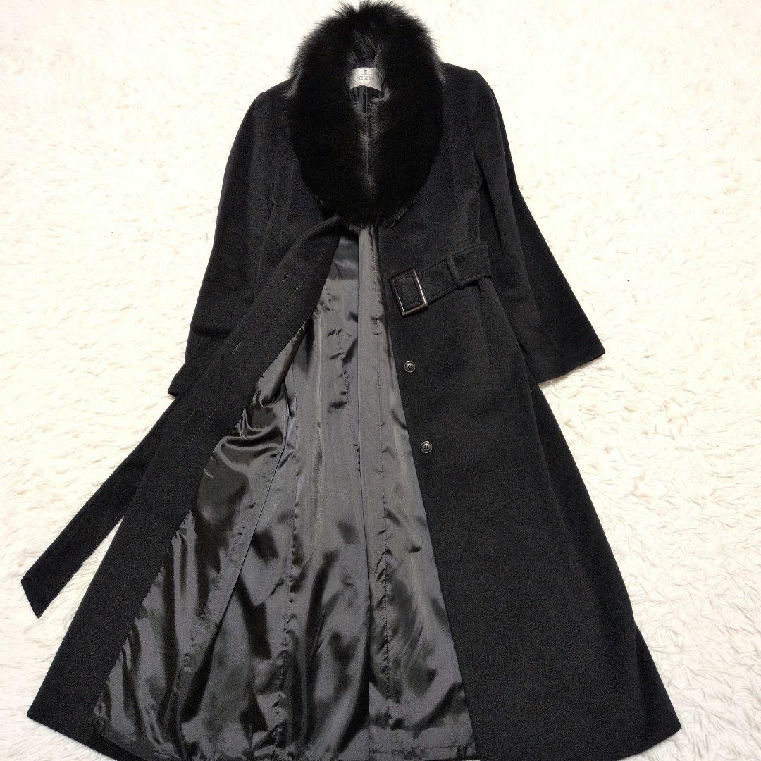 【美品】ビッグ フォックスファー アンゴラ マキシ丈 ベルト コート ブラック 【美品】ビッグ フォックスファー アンゴラ マキシ丈 ベルト コート ブラック