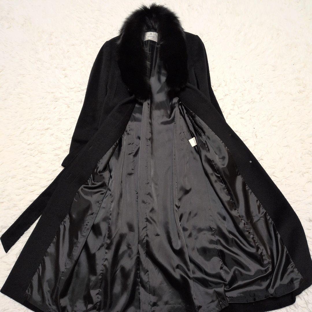 【美品】ビッグ フォックスファー アンゴラ マキシ丈 ベルト コート ブラック 【美品】ビッグ フォックスファー アンゴラ マキシ丈 ベルト コート ブラック