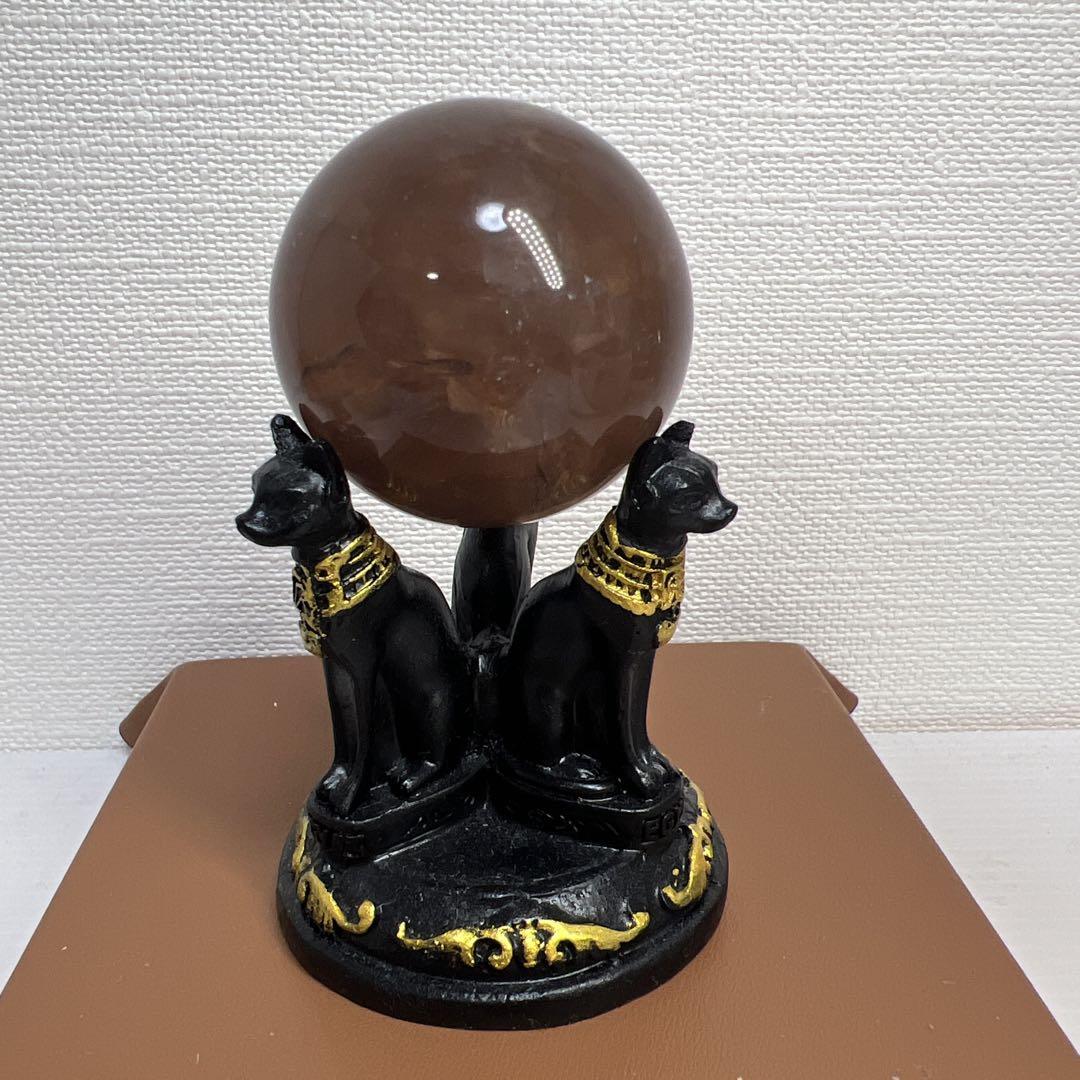 天然石　茶色フローライト玉　置物　虹入り ネコ台座/発光スタンド付き⑥