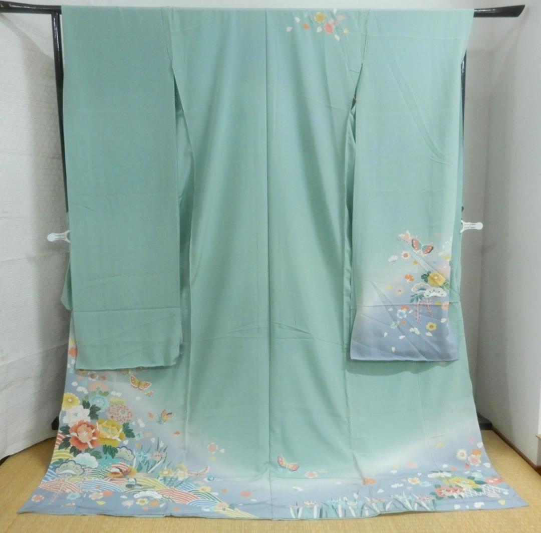 正絹・お振袖仮仕立て品・鴛鴦とお花の友禅染め・ぼかし染め・作家銘 落款あり