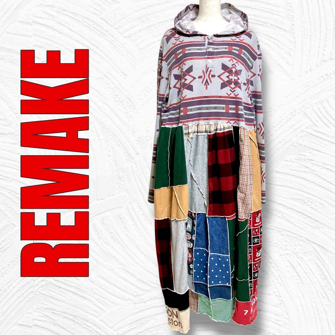 M～Lサイズ 古着リメイクワンピース フーディー パッチワーク r0100