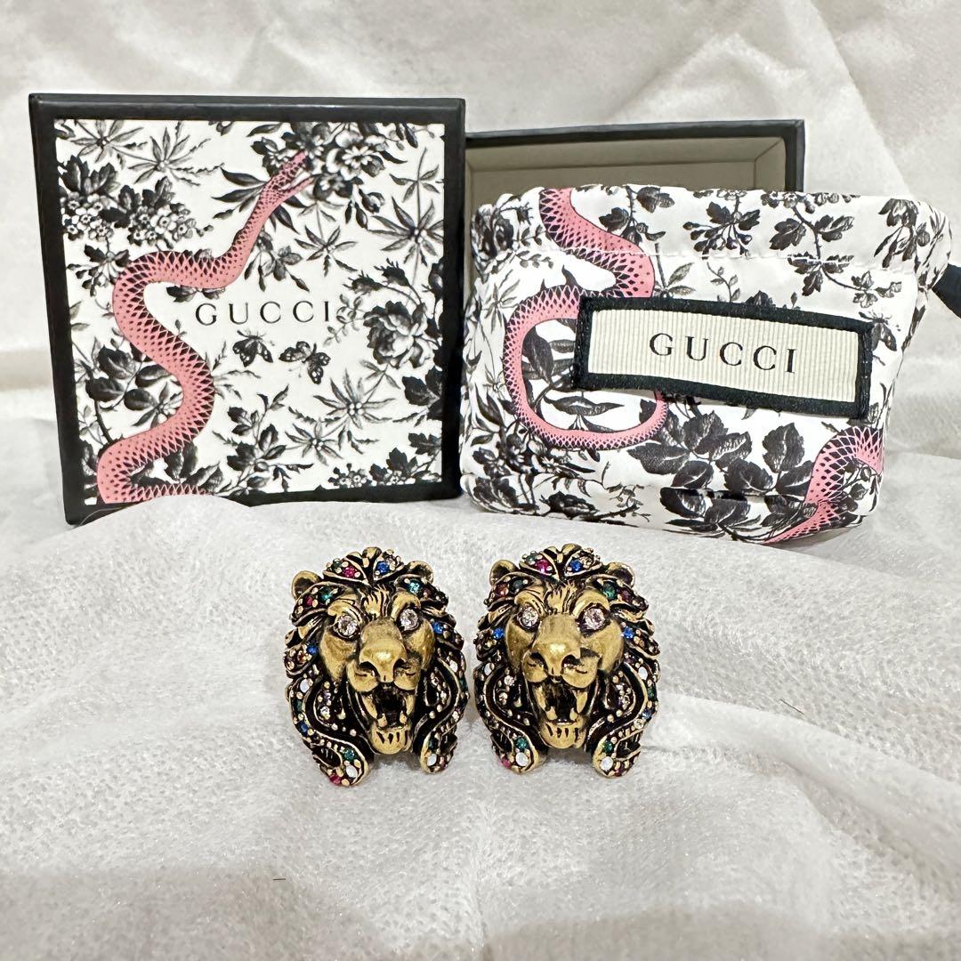 KEN様⭐︎GUCCI オールドグッチライオン ラインストーンゴールドイヤリング 画像2