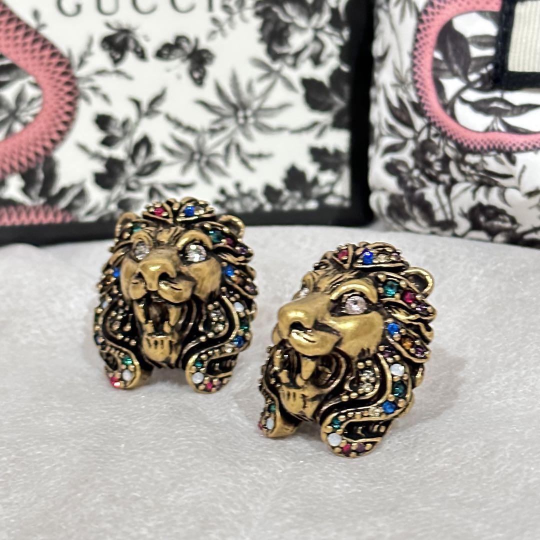 KEN様⭐︎GUCCI オールドグッチライオン ラインストーンゴールドイヤリング 画像3