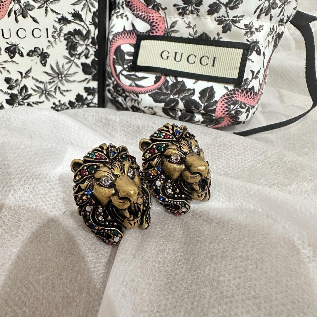 KEN様⭐︎GUCCI オールドグッチライオン ラインストーンゴールドイヤリング 画像4