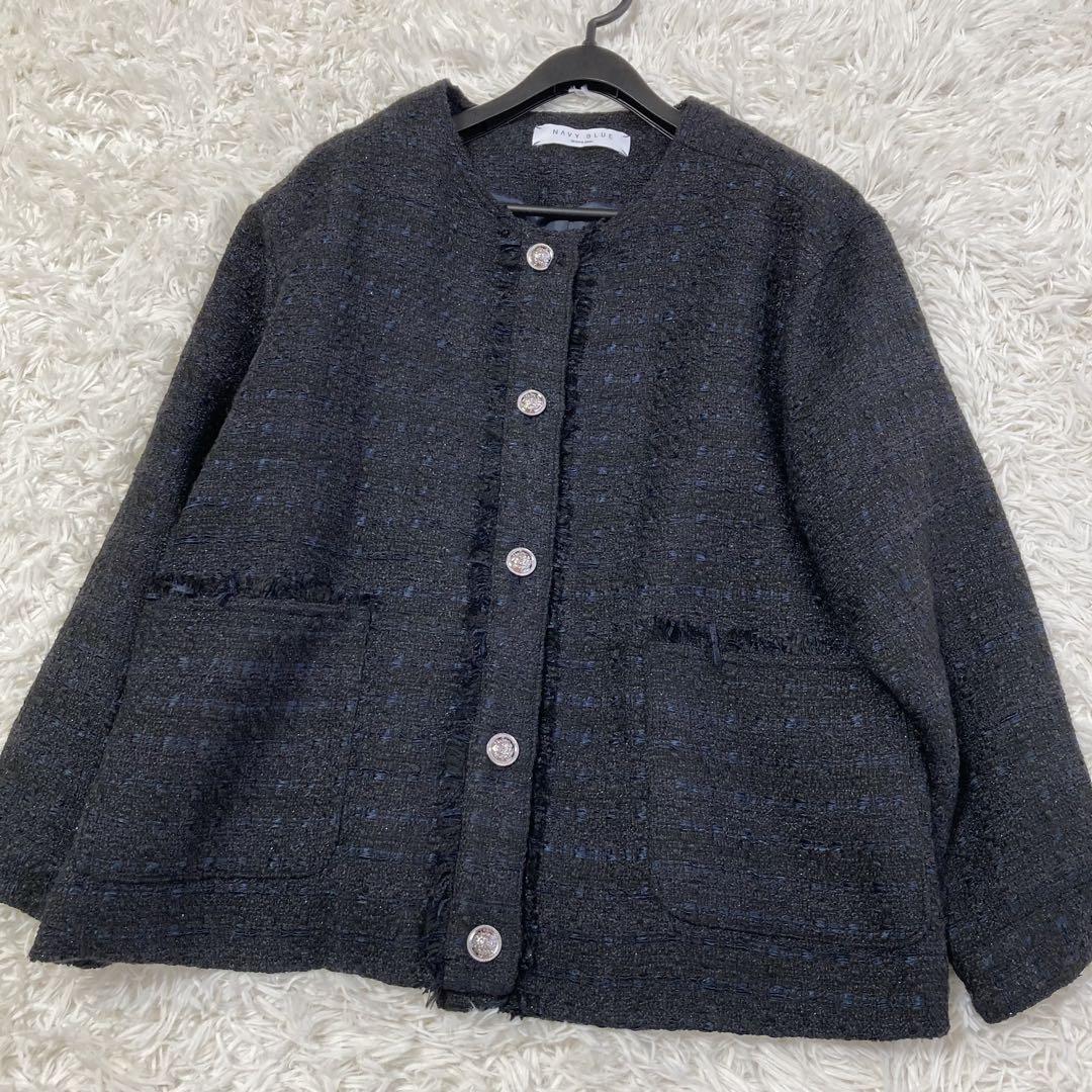 SHIPS any ノーカラー ツイード ジャケットNAVYBLUE 24SS
