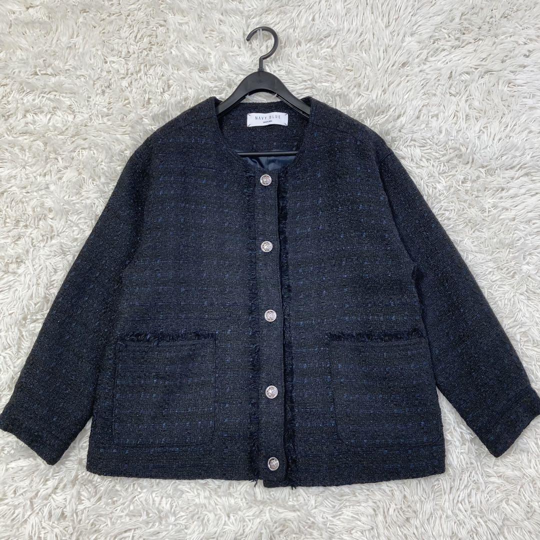 SHIPS any ノーカラー ツイード ジャケットNAVYBLUE 24SS