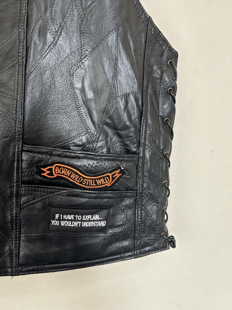 Biker レザー ベスト 黒 刺繍付き