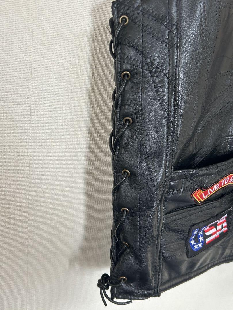 Biker レザー ベスト 黒 刺繍付き