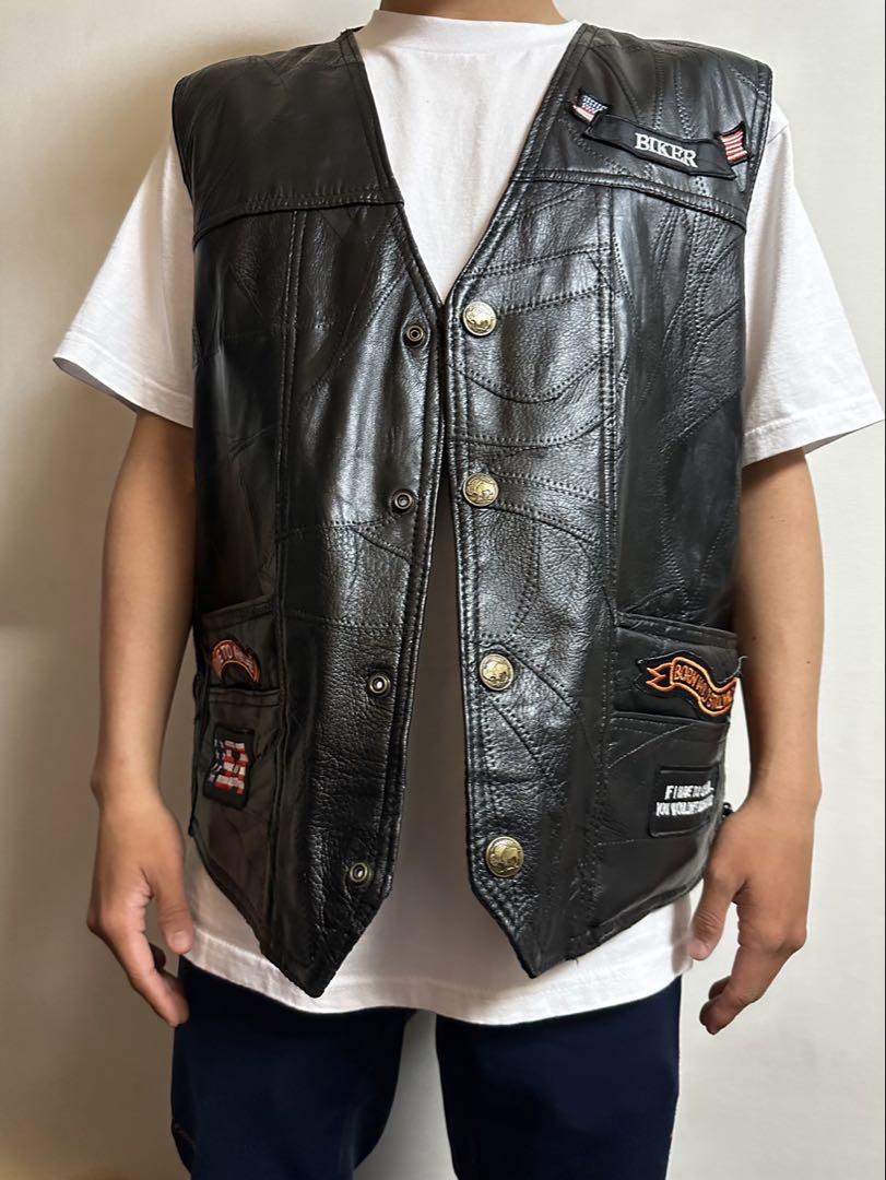 Biker レザー ベスト 黒 刺繍付き