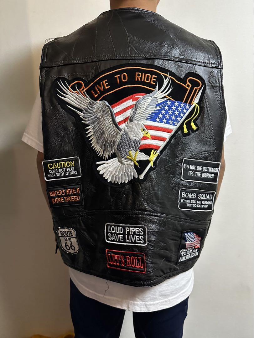 Biker レザー ベスト 黒 刺繍付き