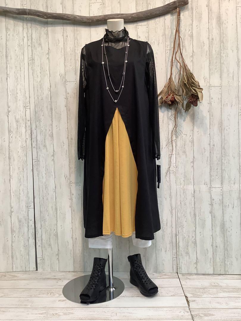 399 新品 黒ブラック×黄イエロー ノースリーブ ワンピース