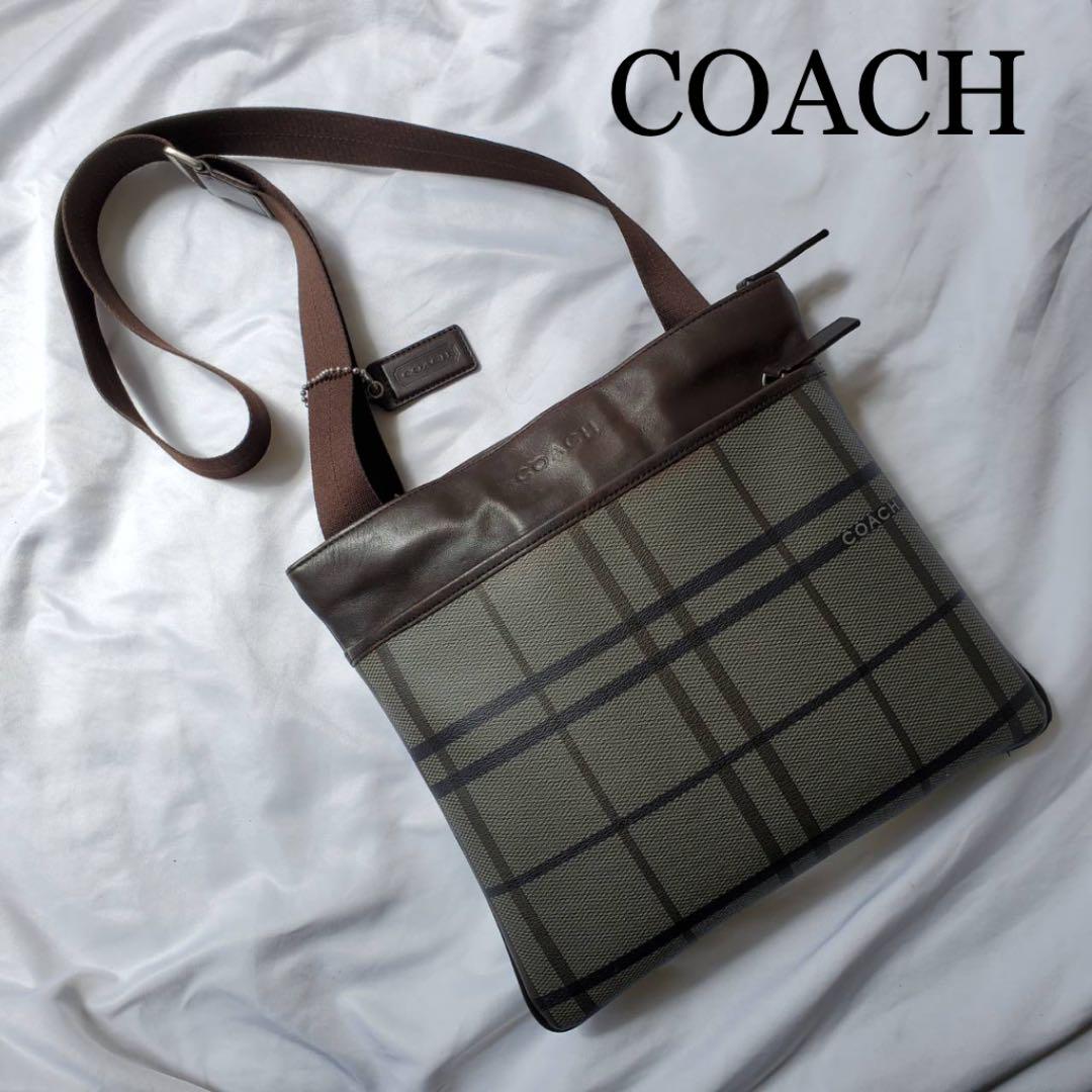 注目ブランド Coach ショルダーバッグ メンズ チェック柄 Pvcレザー グレー ブラウン 値引きする