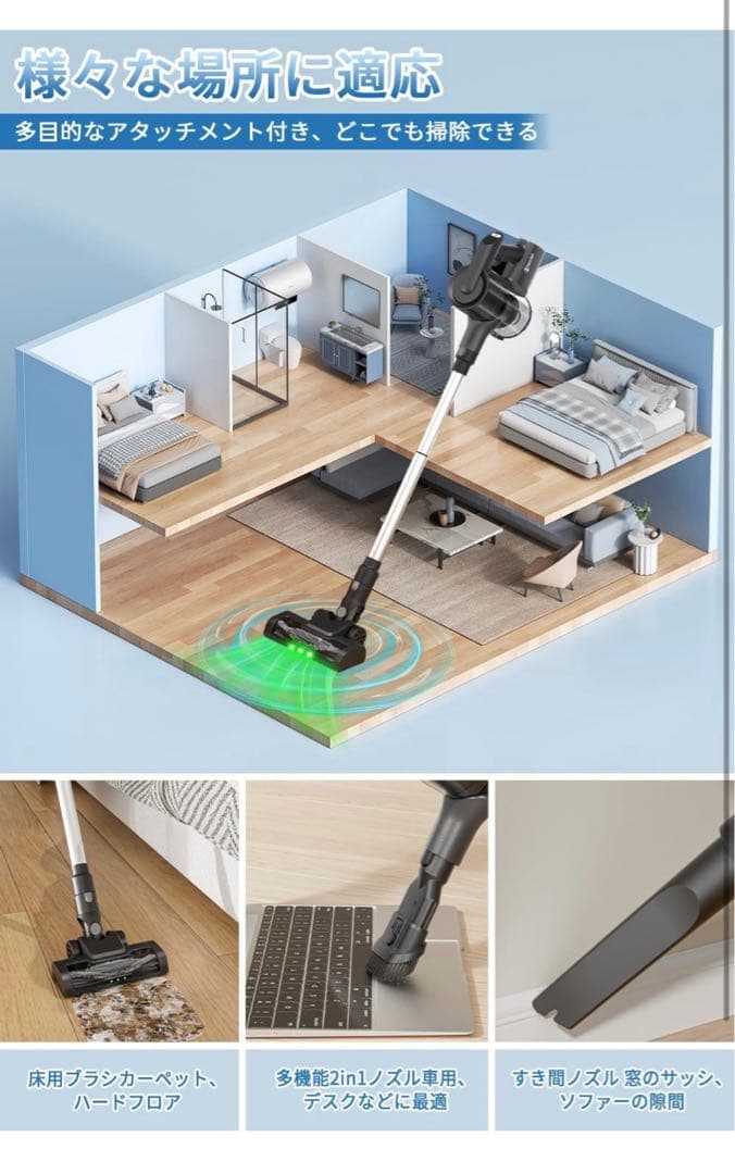 掃除機 コードレス【55000PA超強力吸引・自立式設計・グリーンLED