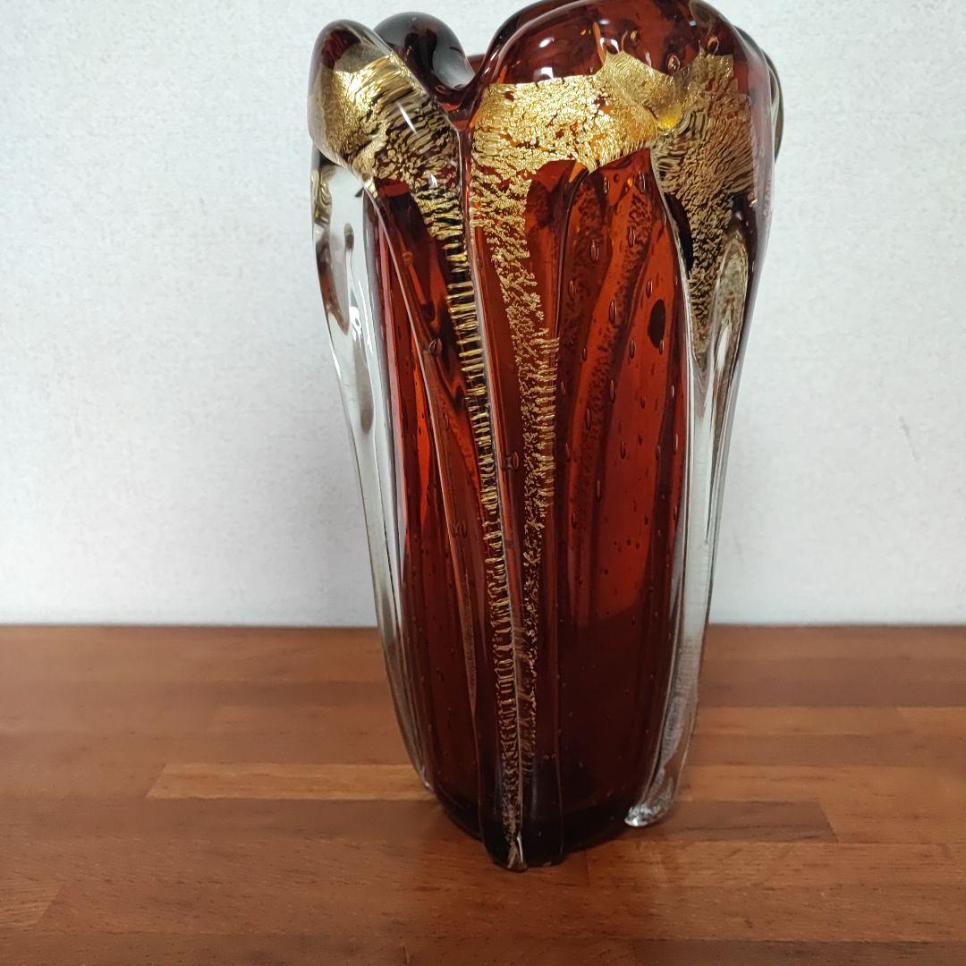 新品　岩田ガラス　アンバー色花瓶　箱入り