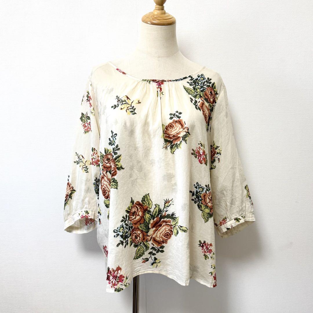 【大きいサイズ】スーパーハッカフィーユ 袖花柄刺繍 チュニック 21号 コットンサーマル シャイニーフラワー刺繍チュニックカットソー