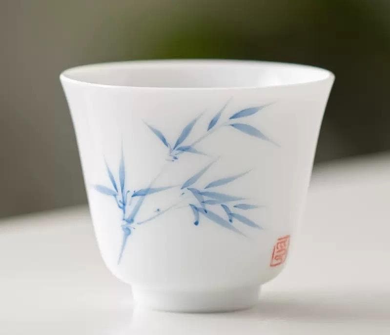 青い竹模様の白磁茶器